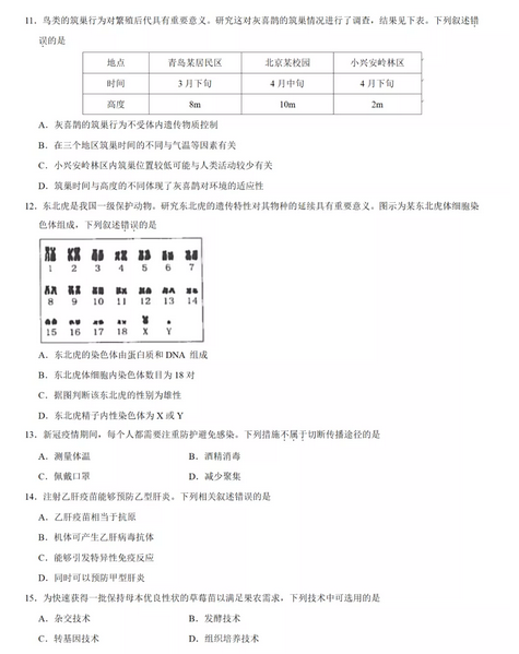 2020年北京中考生物真题（已公布）